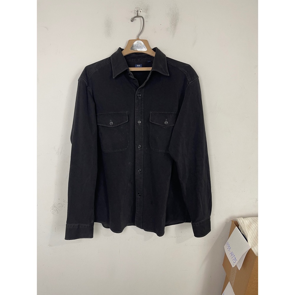 Uniqlo Mens Jersey Work Shirt Black Long Sleeve Button Down Utility Jacket L